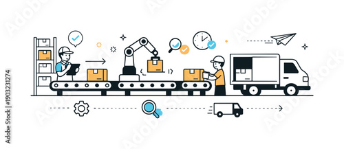 Logistics workflow. A warehouse scene with conveyor belts and parcels moving in sequence, sense of efficiency and reliability. Simple icons
