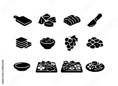 charcuterie board. Solid icon set of charcuterie board: serving board, assorted cheeses, cured meat, cheese knife, crackers stack, olive