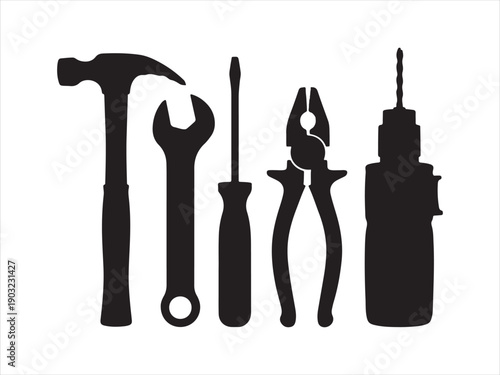 Hand Tools and Equipment Silhouette Icon Set, Including Hammer, Wrench, Screwdriver, Pliers and Drill