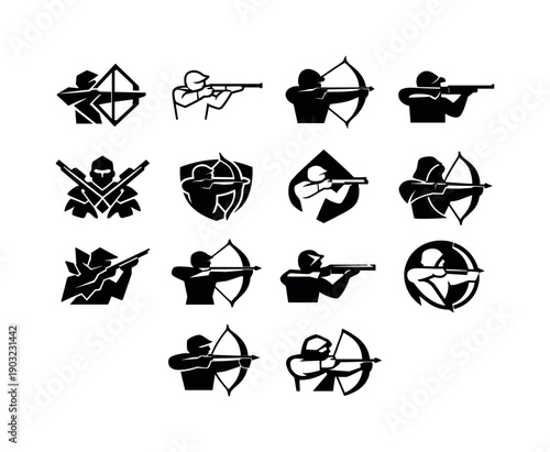 Ruthless hunters. Icon set. Set Logo of ruthless hunters: hunter with bow or rifle. harmonious logo variations of the same emblematic