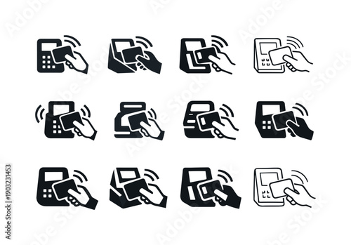 Self-checkout. Icon set. Set Logo of self-checkout: contactless payment symbol. harmonious logo variations of the same emblematic concept,