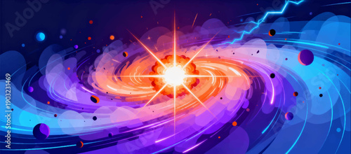 Vector composition with the effects of a neutron explosion in the center, accompanied by plasma rays.