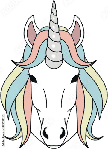 Whimsical and enchanting unicorn head illustration featuring a spiraling horn and a flowing mane with soft pastel colors, embodying magic, dreams, and fantasy tales for children and adults alike