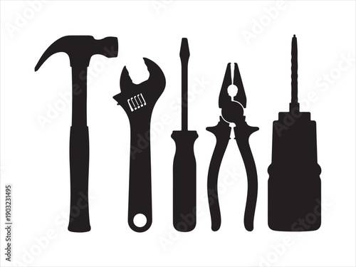 Hand Tools and Equipment Silhouette Icon Set, Including Hammer, Wrench, Screwdriver, Pliers and Drill