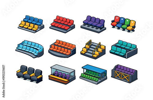 Isometric Arena Seating. Empty arena seats. Colorful isometric vector icons set of empty arena seats: vacant stadium rows, empty bleachers, folded seat row,