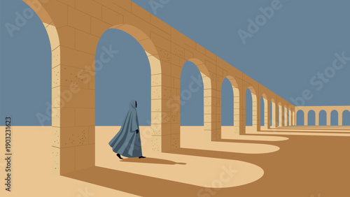 Minimalist landscape vector of a person in a blue robe walking through desert stone arches. Featuring cinematic lighting, long shadows, and a modern flat art style with Arabian architectural themes