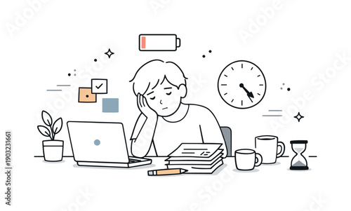 Silent burnout symptoms. A calm figure sitting at a desk with subtle signs like low battery icon, muted colors, and unfinished tasks around.