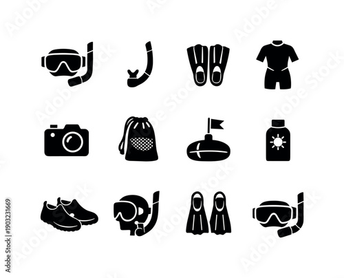 Snorkeling gear. Solid icon set of snorkeling gear: snorkel mask, snorkel tube, swim fins, wetsuit shorty, waterproof camera, mesh gear bag,