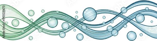 Abstract blue and green waves with bubbles, conveying a sense of fluidity and purity, ideal for designs related to water, health, or natural elements
