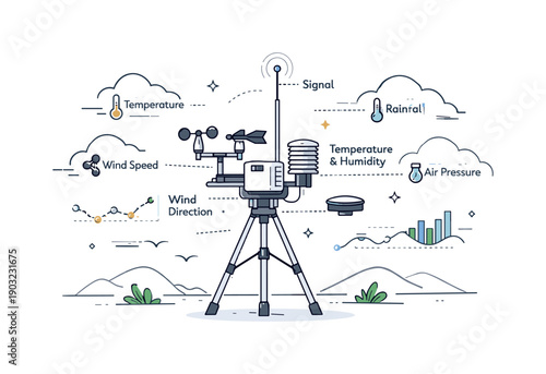 Weather monitoring stations. Small outdoor weather station standing in an open landscape, sensors and antenna gently highlighted. Calm