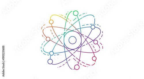Vibrant rainbow atom model symbolizing scientific discovery and interconnected molecular structure