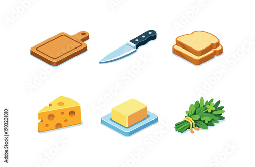 Home Cooking Essentials. Home cooking. Isometric flat vector icons set of home cooking: chopping board, kitchen knife, sliced bread, cheese block, butter