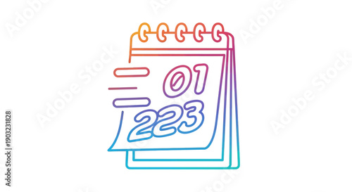 Stylized vibrant gradient line art calendar icon displaying the date 01 223, perfect for digital