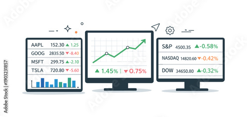 Stock exchange boards overview. Large digital market boards displaying rising and falling numbers, calm arrows, and charts, showing real-time