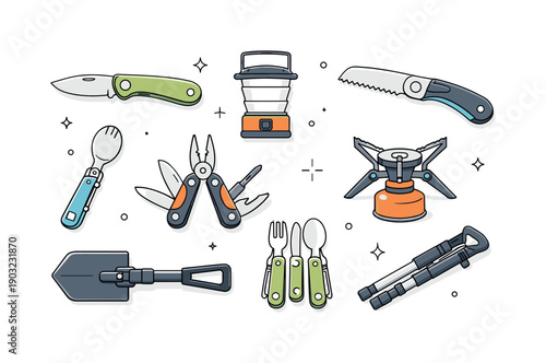 Foldable Camping Essentials. Foldable tools flat lay. Top view of portable outdoor utensils with visible folding mechanisms and ergonomic shapes, spaced evenly
