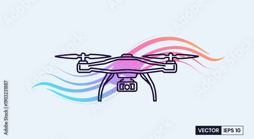 Modern drone technology outline illustration with vibrant flowing lines for aerial photography