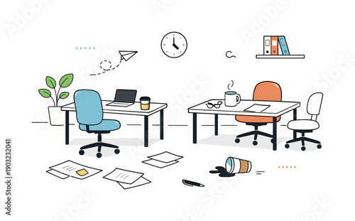 Post-occupancy office quiet. A simplified editorial scene where documents, coffee cups, and chairs remain scattered in a clean open office.