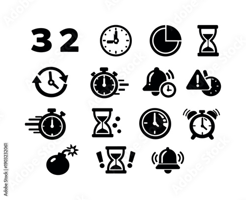 Countdown timer. Solid icon set of countdown timer: countdown numbers, ticking clock, timer circle progress, remaining time icon, alert