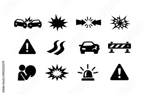 Collision. Solid icon set of Collision: car crash, impact burst, collision arrows, broken glass, warning triangle, skid marks, dented car,