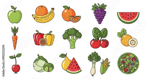 Collection of fresh fruits and vegetables illustration.