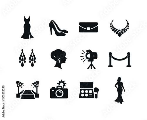 Red Carpet Elegance. Red Carpet Dress. Solid icon set of Red Carpet Dress: evening gown, high heels, clutch bag, diamond necklace, chandelier earrings, elegant