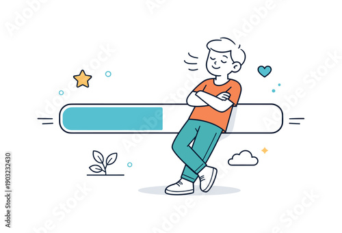 Peaceful Progress. Progress without rush. A person leaning peacefully against a partially filled loading bar, breathing steadily. Supportive stock illustration