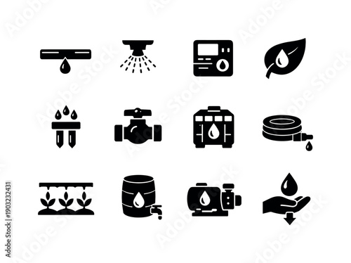 Water-saving Irrigation Icons. Water-efficient irrigation systems. Solid icon set of Water-efficient irrigation systems: drip irrigation tape, mist sprinkler,