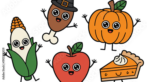 A cute cartoon illustration of Thanksgiving-themed food characters arranged in a scattered layout against a white background (3)_traced