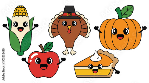 A cute cartoon illustration of Thanksgiving-themed food characters arranged in a scattered layout against a white background (4)_traced