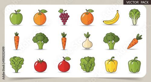 Collection of fresh healthy fruits and vegetables illustration.