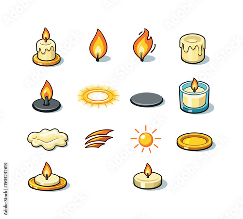 Burning Candle. Colorful isometric vector icons set of Burning Candle: lit candle, steady flame, flickering flame, wax melting edge, candle