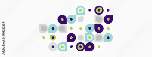 Abstract pattern features varied circles, purple, green hues. Minimalist design, simple shapes create visual texture. Clean background enhances focus.