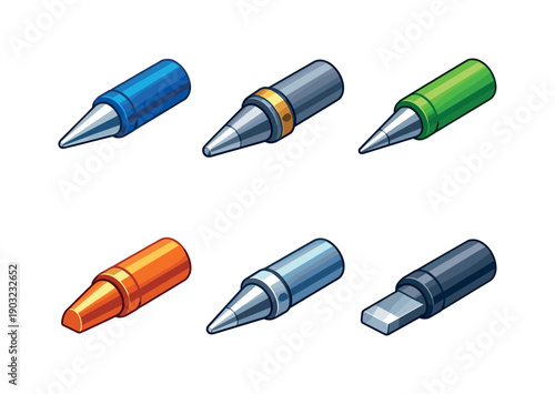 Industrial soldering tips. Isometric flat vector icons set of industrial soldering tips: high-thermal soldering tip, reinforced soldering