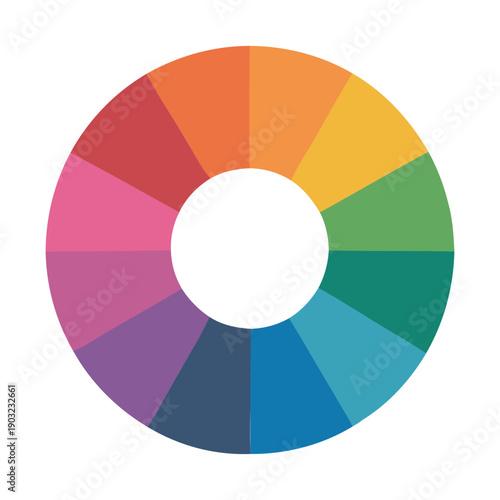 A vibrant and colorful circular diagram, resembling a color wheel or a segmented donut chart, showcasing a spectrum of hues.