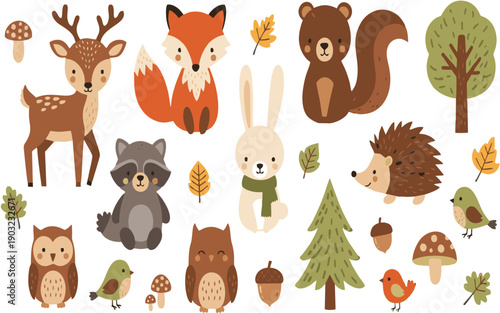 Vector illustration of cute woodland forest animals including deer, rabbit, hedgehog, bear, fox, raccoon, bird, owl, and squirrel.