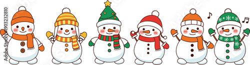 Cute snowman character collection wearing winter hats scarves and Christmas accessories isolated on white background holiday cartoon vector illustration set