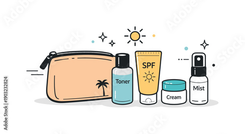 Summer skincare minimal travel size. Compact skincare bottles placed next to a small pouch, ready for summer trips. The scene feels