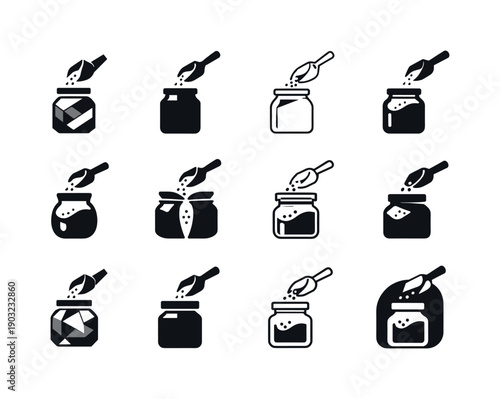 Spice Jar Logos. Refilling a spice jar. Icon set. Set Logo of Refilling a spice jar: spice scoop and glass jar. harmonious logo variations of the