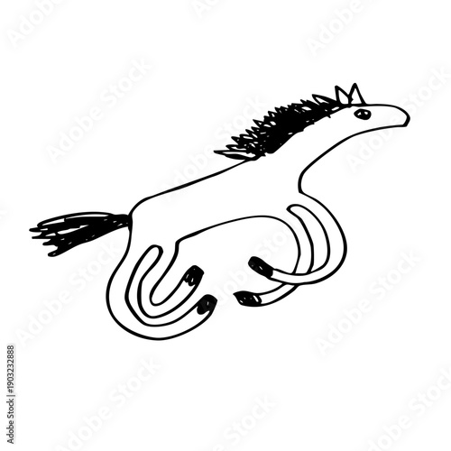 Cartoon funny running horse in childlike scribble drawing style isolated on white. Naive art vector illustration for cards, clipart symbol collection. 