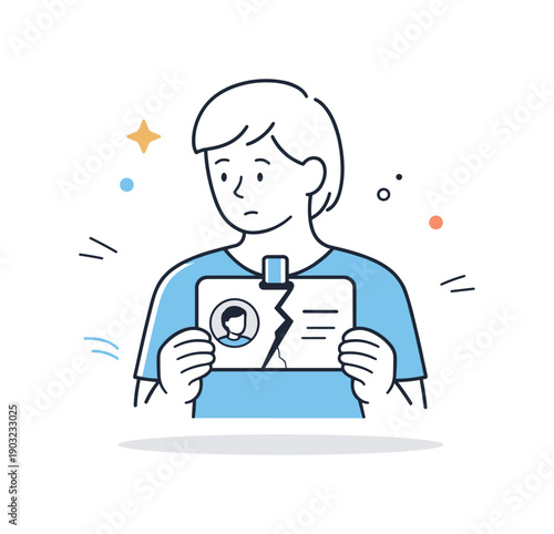 Fragmented Identity Badge. Moral injury at work impact. A character with a small crack or split line through a badge or identity card, symbolizing internal