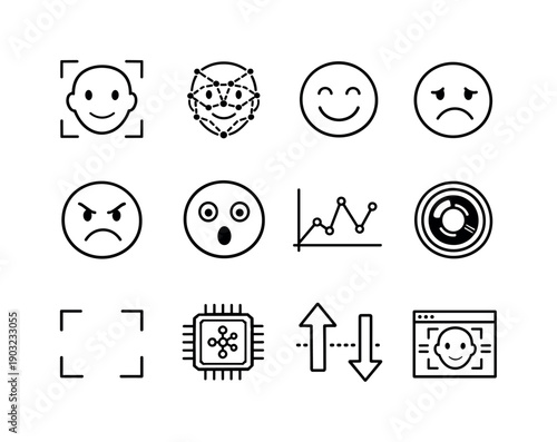Facial emotion detection. Line icon set of Facial emotion detection: face scan frame, facial points map, happy face, sad face, angry face,