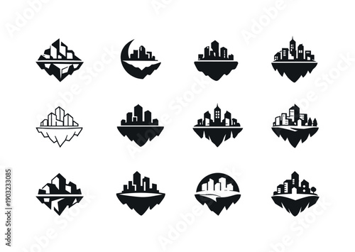 Floating Island Logos. Miniature worlds and microcosms. Icon set. Set Logo of Miniature worlds and microcosms: tiny city on floating island. harmonious logo