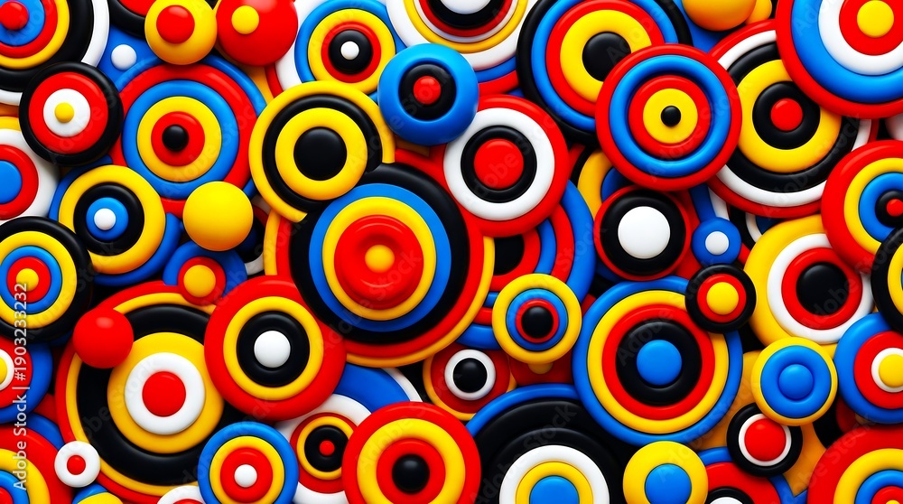 Fototapeta premium Vibrant 3D concentric circles background, colorful plastic rings pattern, abstract geometric target shapes in red blue yellow and black