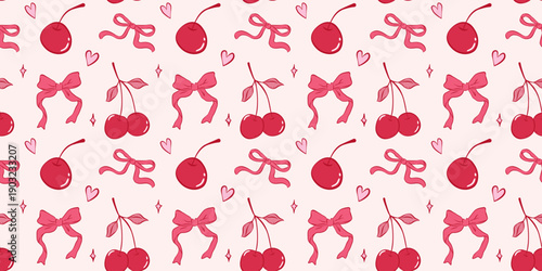 Rectangular seamless pattern with different tied bows and cherries in pink red colors for Valentines day, wedding or birthday. Template for package, textile, background, wallpaper, banner.