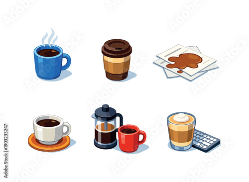 Coffee Isometric Icons. Coffee on Desk. Isometric flat vector icons set of Coffee on Desk: steaming coffee mug, takeaway coffee cup, coffee spill on papers,