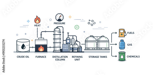 Energy production scheme. A clean schematic of refinery equipment with icons for heat, pressure, and output materials. Abstract technical