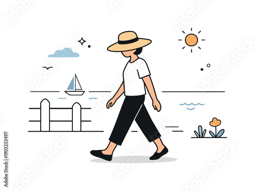 Straw hat summer walk. A person walking slowly along a seaside promenade, straw hat shading the face. The illustration shows ease, sunshine,
