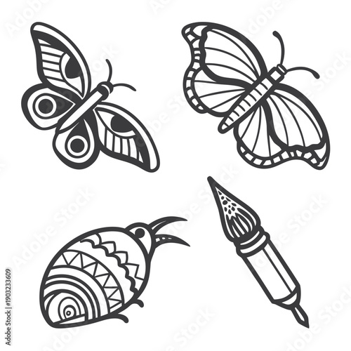 Intricate black and white illustrations of various insects and butterflies Vector