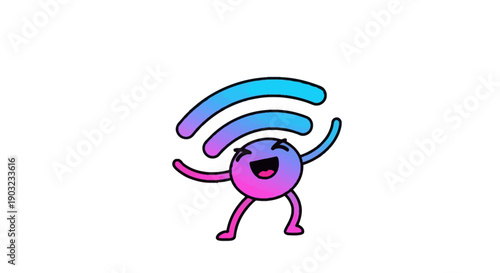 A cheerful and vibrant cartoon Wi-Fi signal character with gradient colors dancing happily against