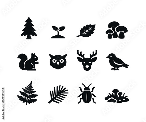 Forest Ecosystem. Solid icon set of Forest Ecosystem: tall tree, sapling, fallen leaf, mushroom cluster, squirrel, owl, deer head, forest